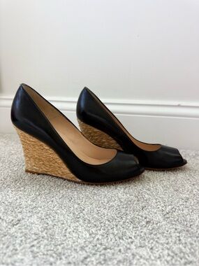 LK Bennett Black Leather Peep-Toe Wedge Espadrille Heels